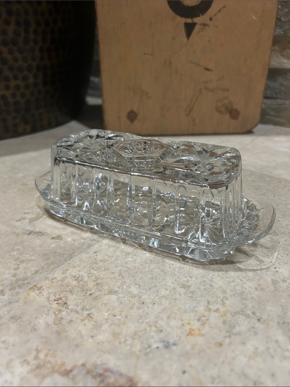 vintage Anchor Hocking (EAPC) Star of David clear glass covered butter dish